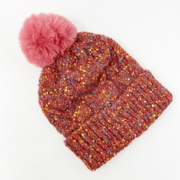 Confetti Cable Knit Pom Pom Beanie Stocking Cap Coral main image 6